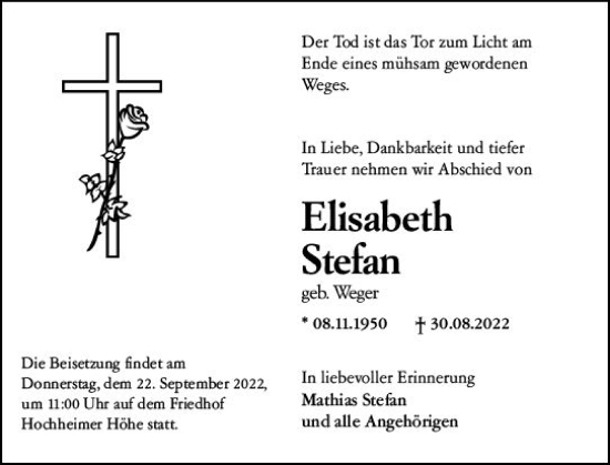 Traueranzeige von Elisabeth Stefan von vrm-trauer Wormser Zeitung