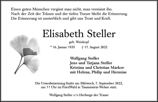 Traueranzeige von Elisabeth Steller von vrm-trauer WK-UTA