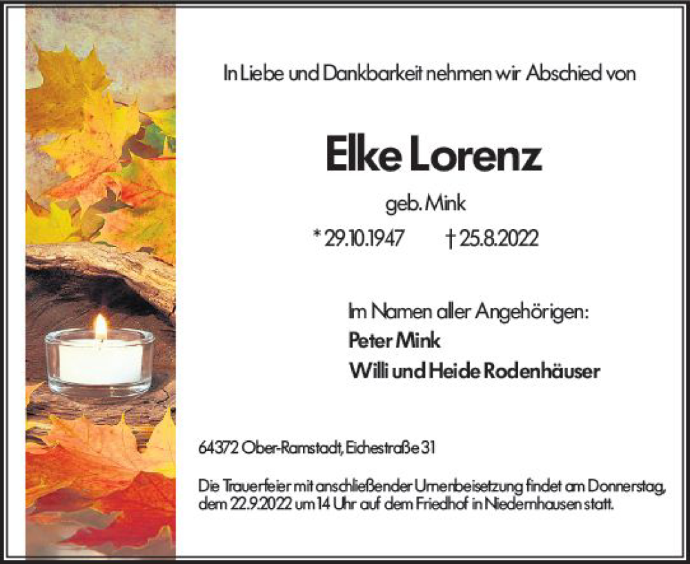  Traueranzeige für Elke Lorenz vom 10.09.2022 aus vrm-trauer Darmstädter Echo