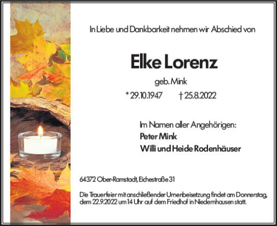 Traueranzeige von Elke Lorenz von vrm-trauer Darmstädter Echo