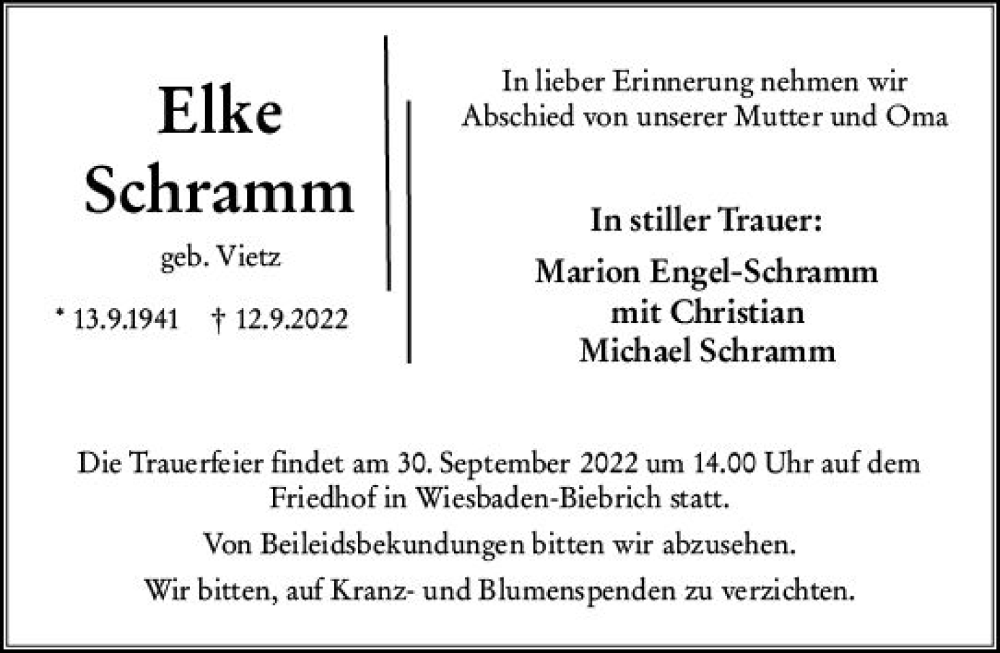 Traueranzeige für Elke Schramm vom 24.09.2022 aus vrm-trauer Wiesbadener Kurier