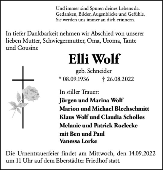Traueranzeige von Elli Wolf von vrm-trauer Darmstädter Echo