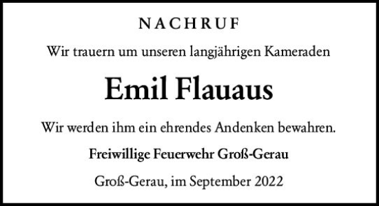 Traueranzeige von Emil Flauaus von vrm-trauer Groß-Gerauer Echo