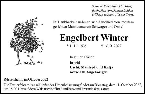 Traueranzeige von Engelbert Winter von vrm-trauer Rüsselsheimer Echo / MainSpitze