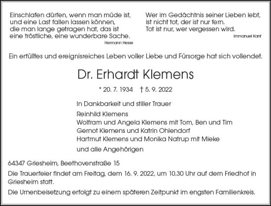 Traueranzeige von Erhardt Klemens von vrm-trauer Darmstädter Echo