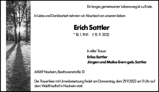 Traueranzeige von Erich Sattler von vrm-trauer Rüsselsheimer Echo / MainSpitze