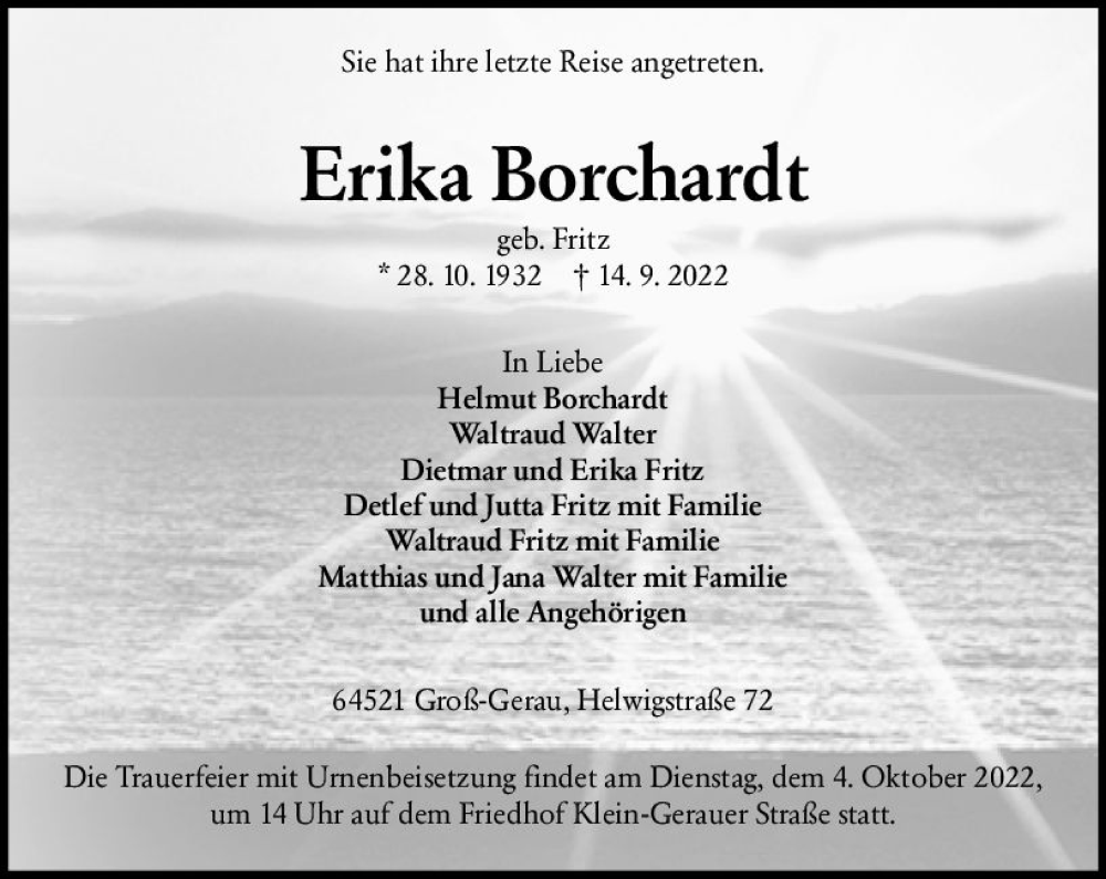  Traueranzeige für Erika Borchardt vom 24.09.2022 aus vrm-trauer Groß-Gerauer Echo