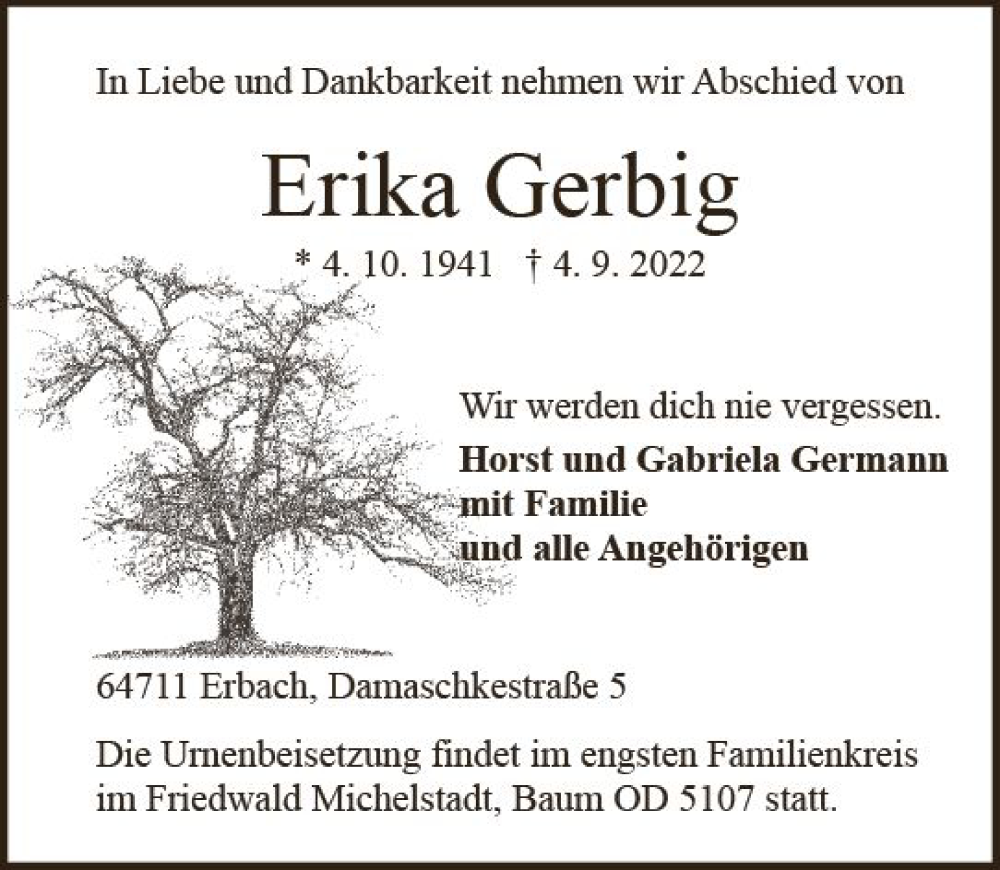  Traueranzeige für Erika Gerbig vom 10.09.2022 aus vrm-trauer Odenwälder Echo