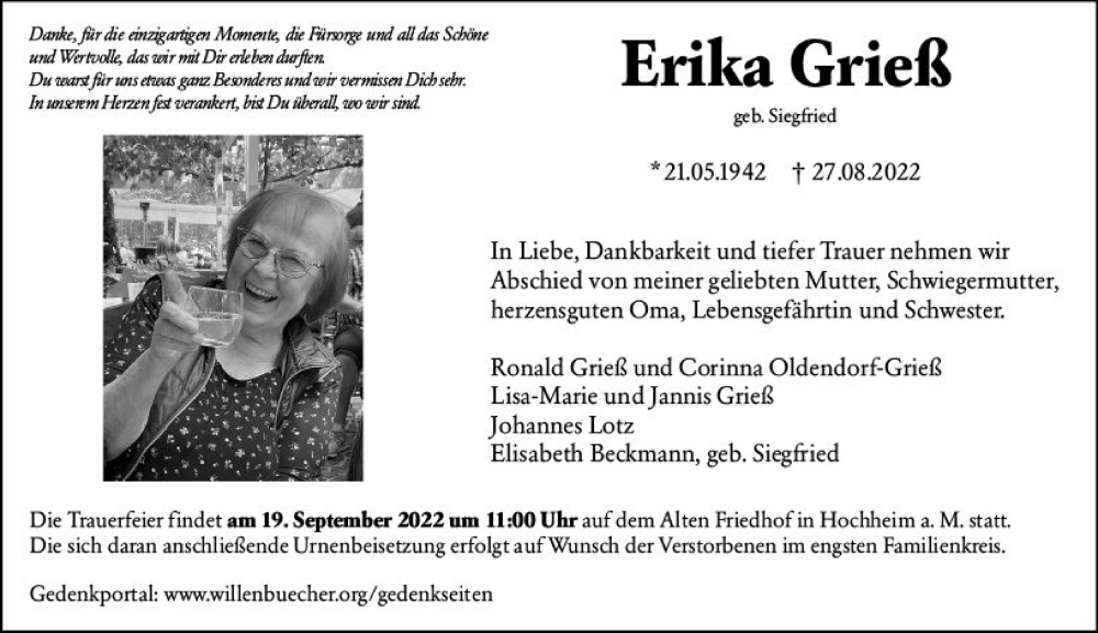  Traueranzeige für Erika Grieß vom 02.09.2022 aus vrm-trauer Hochheimer Zeitung