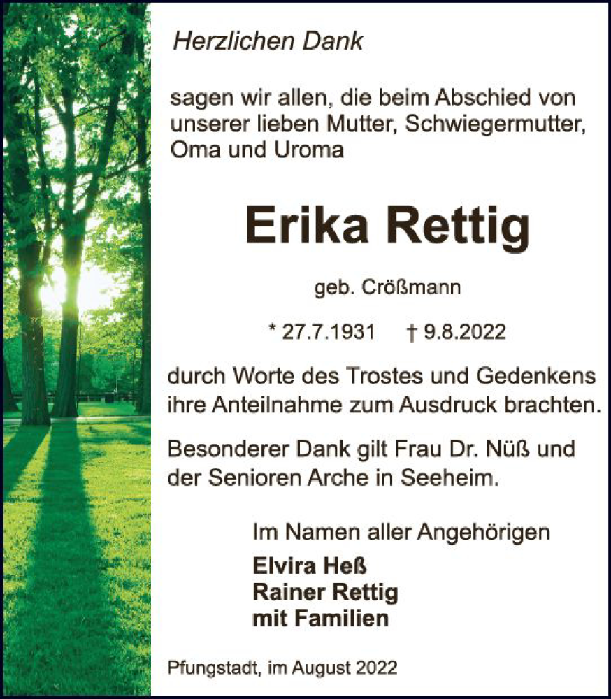  Traueranzeige für Erika Rettig vom 03.09.2022 aus vrm-trauer Darmstädter Echo