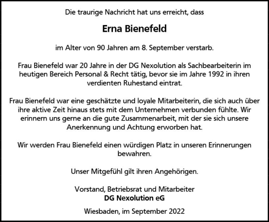 Traueranzeige von Erna Bienefeld von vrm-trauer Wiesbadener Kurier