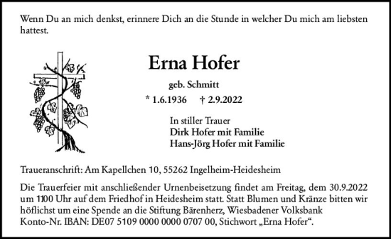 Traueranzeige von Erna Hofer von vrm-trauer Allgemeine  Zeitung Ingelheim-Bingen