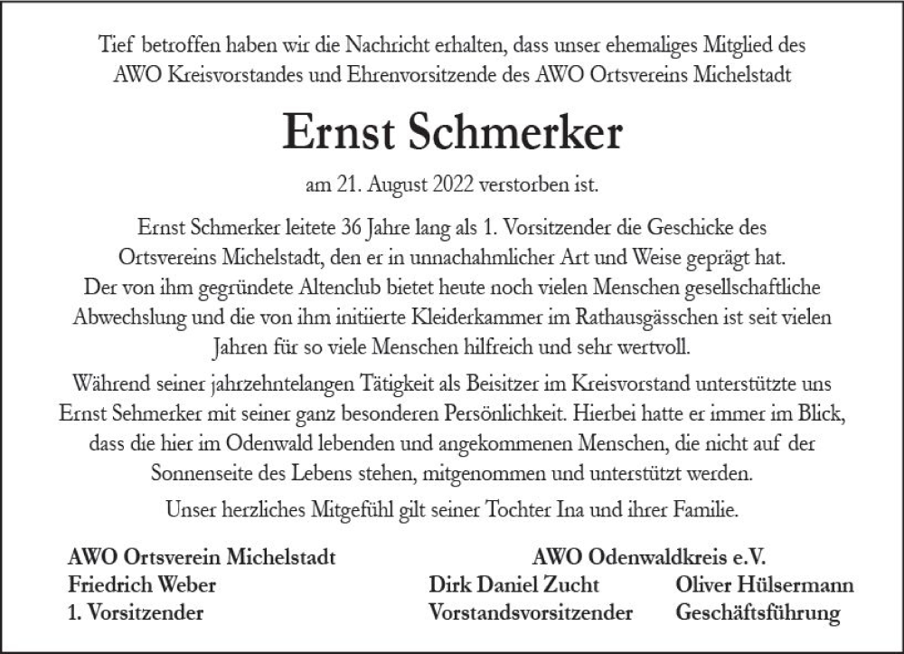  Traueranzeige für Ernst Schmerker vom 03.09.2022 aus vrm-trauer Odenwälder Echo