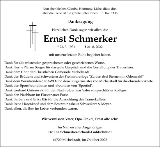Traueranzeige von Ernst Schmerker von vrm-trauer Odenwälder Echo