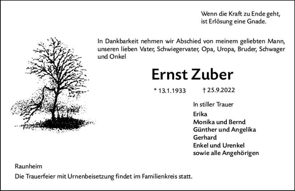  Traueranzeige für Ernst Zuber vom 01.10.2022 aus vrm-trauer Rüsselsheimer Echo / MainSpitze