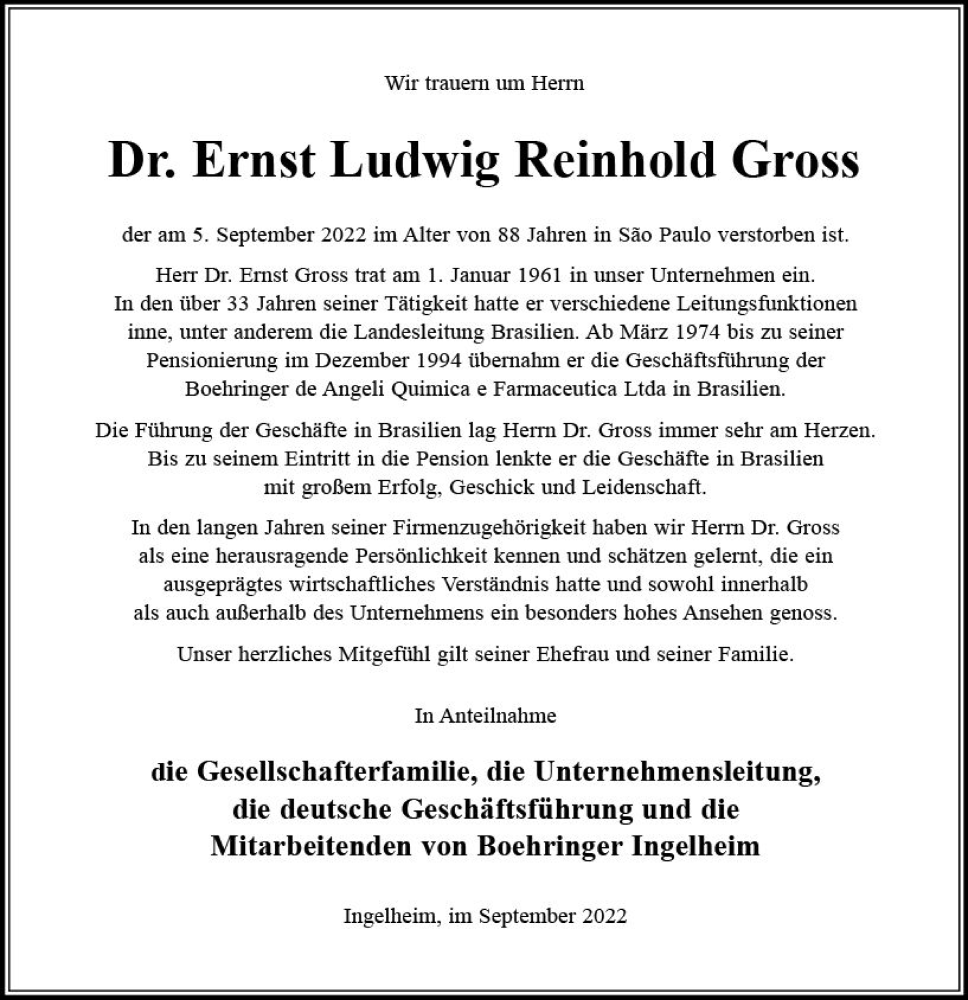  Traueranzeige für Ernst Ludwig Reinhold Gross vom 26.09.2022 aus vrm-trauer Allgemeine  Zeitung Ingelheim-Bingen