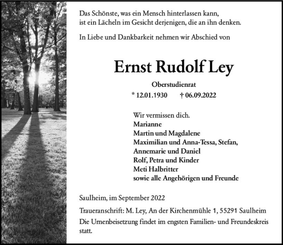 Traueranzeige von Ernst Rudolf Ley von vrm-trauer Allgemeine Zeitung Alzey