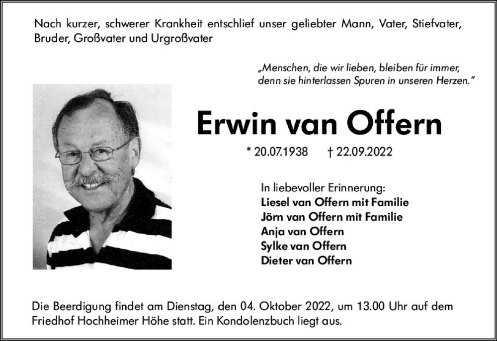  Traueranzeige für Erwin van Offern vom 28.09.2022 aus vrm-trauer Wormser Zeitung