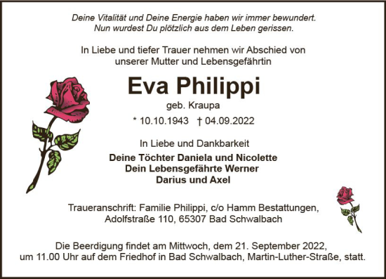 Traueranzeige von Eva Philipp von vrm-trauer Wiesbadener Kurier