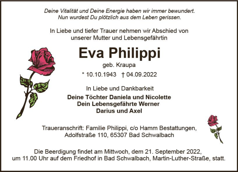  Traueranzeige für Eva Philipp vom 10.09.2022 aus vrm-trauer Wiesbadener Kurier