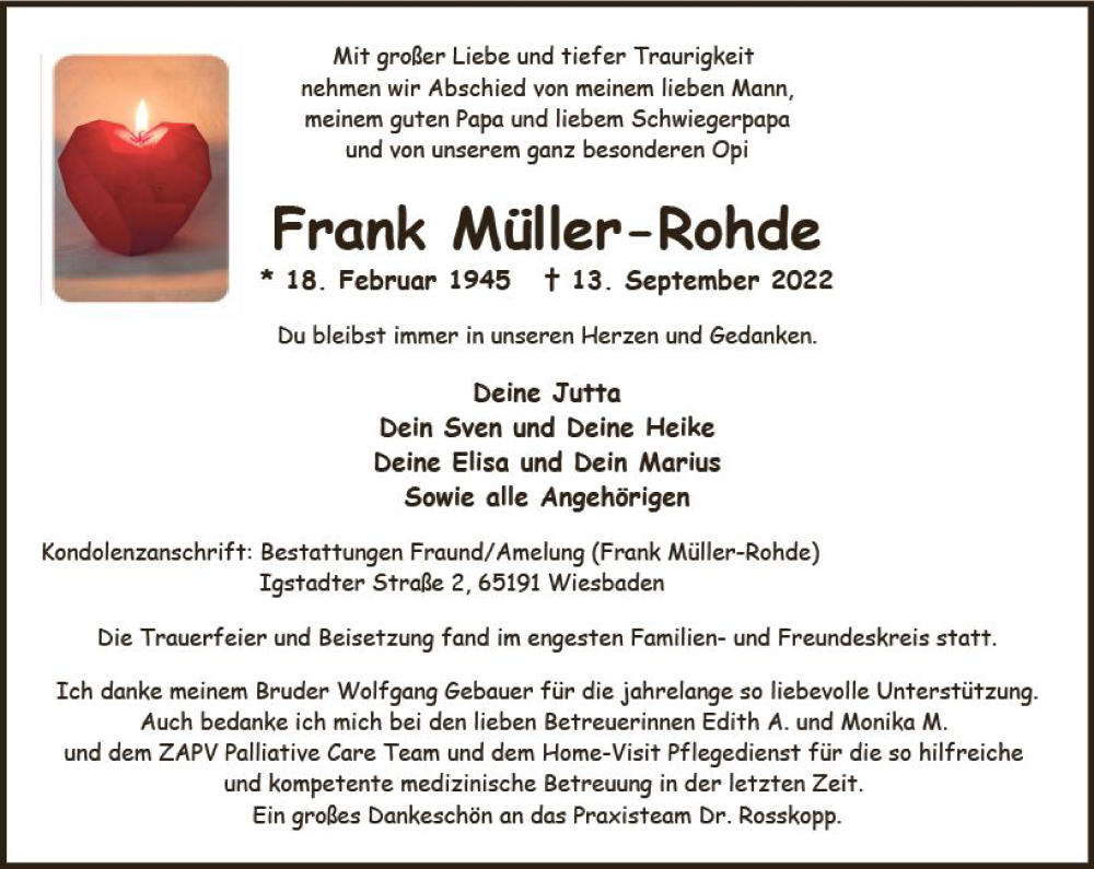  Traueranzeige für Frank Müller-Rohde vom 24.09.2022 aus vrm-trauer Wiesbadener Kurier