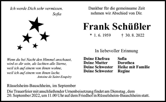 Traueranzeige von Frank Schüßler von vrm-trauer Rüsselsheimer Echo / MainSpitze