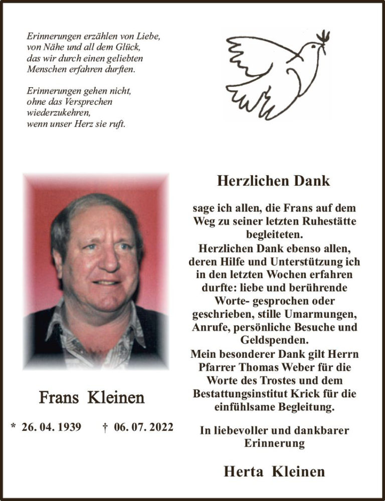  Traueranzeige für Frans Kleinen vom 01.09.2022 aus vrm-trauer Allgemeine  Zeitung Ingelheim-Bingen