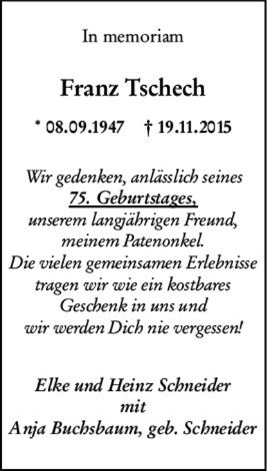 Traueranzeige von Franz Tschech von vrm-trauer Darmstädter Echo