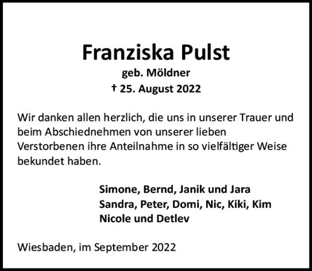  Traueranzeige für Franziska Pulst vom 17.09.2022 aus vrm-trauer Wiesbadener Kurier
