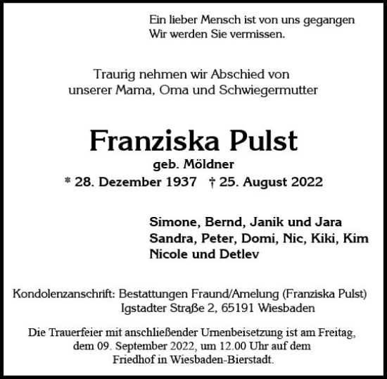 Traueranzeige von Franziska Pulst von vrm-trauer Wiesbadener Kurier