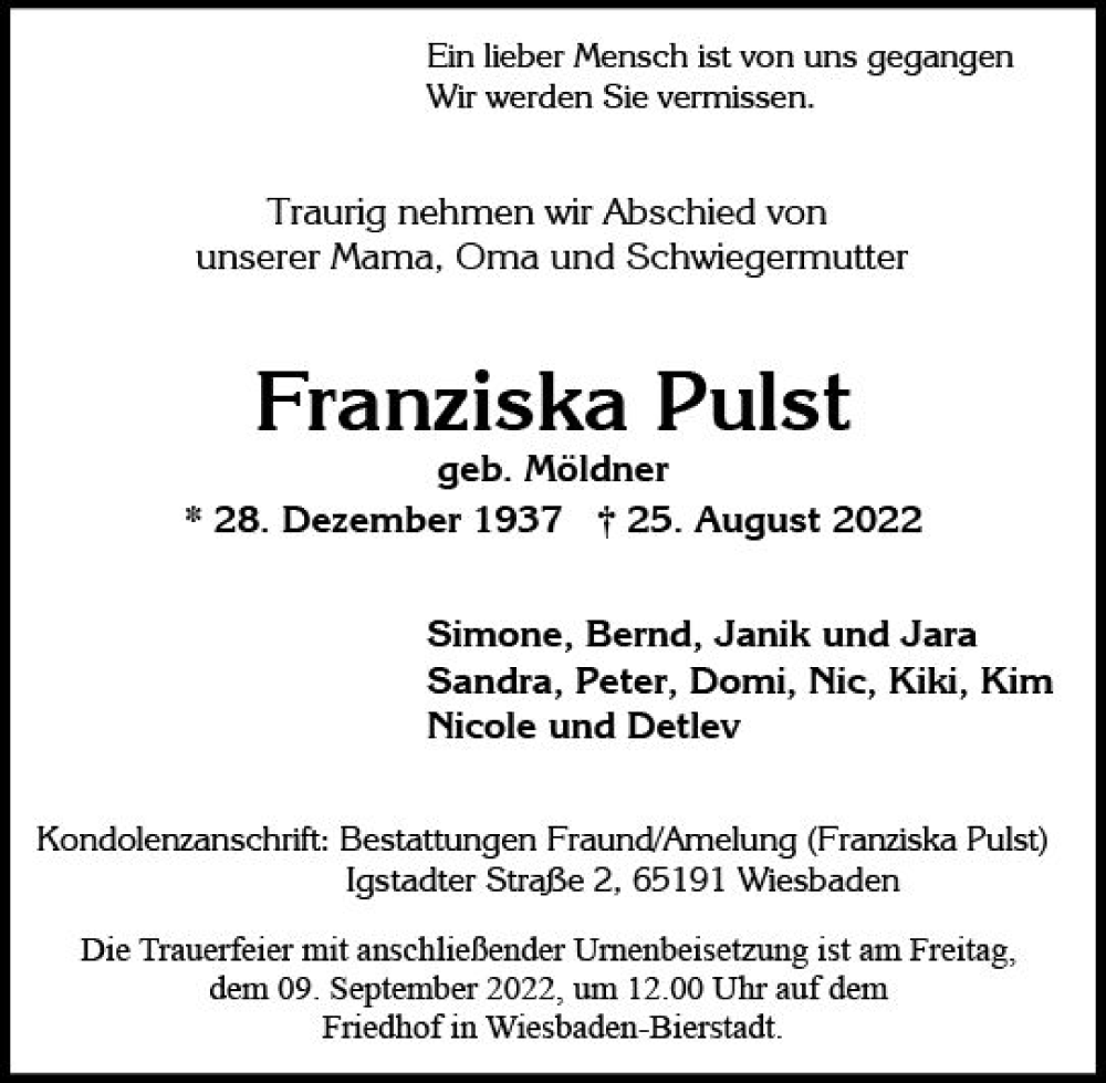 Traueranzeige für Franziska Pulst vom 03.09.2022 aus vrm-trauer Wiesbadener Kurier