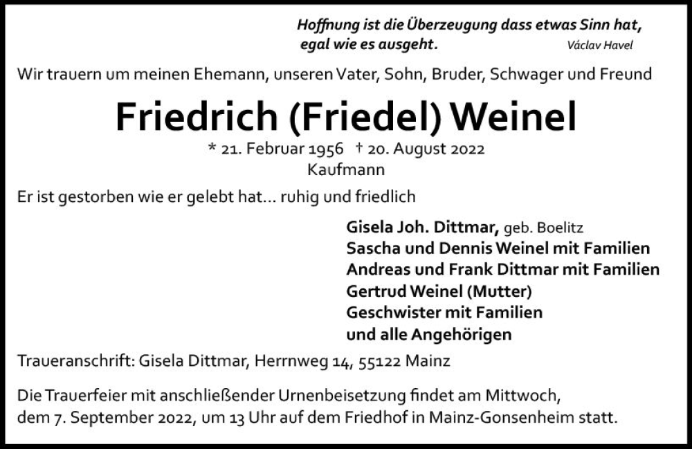  Traueranzeige für Friedrich Weinel vom 03.09.2022 aus vrm-trauer AZ Mainz
