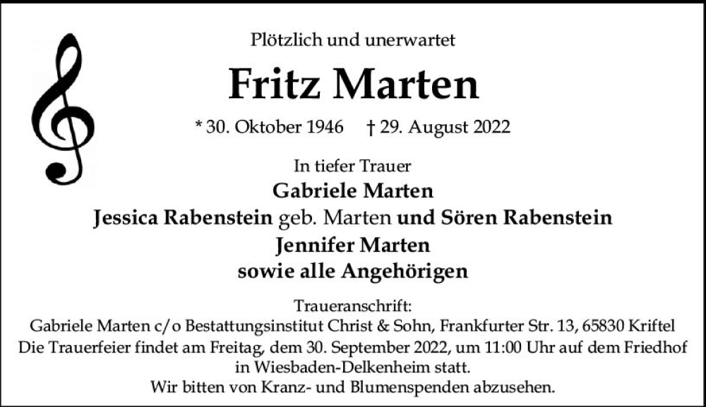  Traueranzeige für Fritz Marten vom 24.09.2022 aus vrm-trauer Wiesbadener Kurier