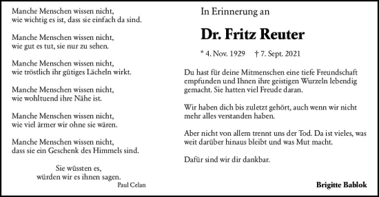 Traueranzeige von Fritz Reuter von vrm-trauer Wormser Zeitung