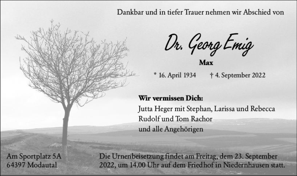  Traueranzeige für Georg Emig vom 17.09.2022 aus vrm-trauer Darmstädter Echo