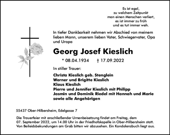 Traueranzeige von Georg Josef Kieslich von vrm-trauer Allgemeine  Zeitung Ingelheim-Bingen