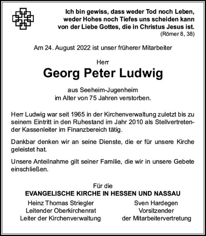  Traueranzeige für Georg Peter Ludwig vom 21.09.2022 aus vrm-trauer Darmstädter Echo
