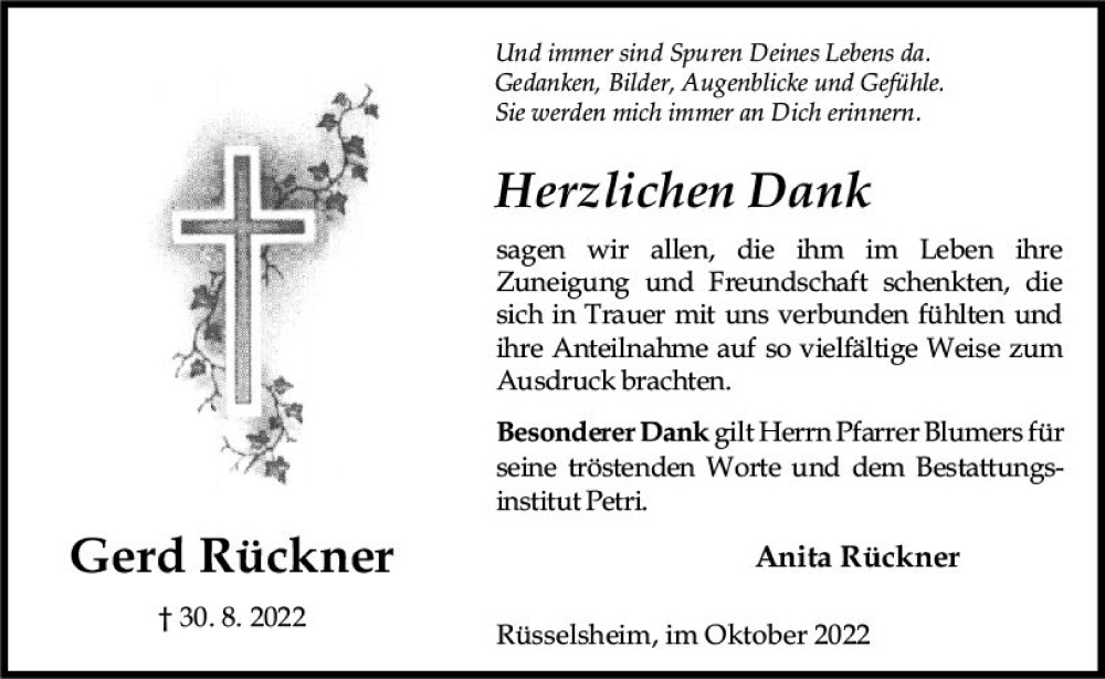  Traueranzeige für Gerd Rückner vom 01.10.2022 aus vrm-trauer Rüsselsheimer Echo / MainSpitze