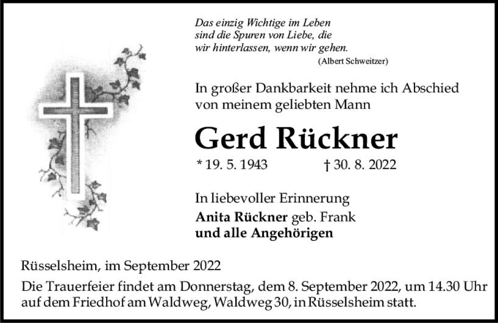  Traueranzeige für Gerd Rückner vom 03.09.2022 aus vrm-trauer Rüsselsheimer Echo / MainSpitze