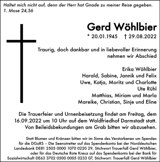 Traueranzeige von Gerd Wöhlbier von vrm-trauer Darmstädter Echo