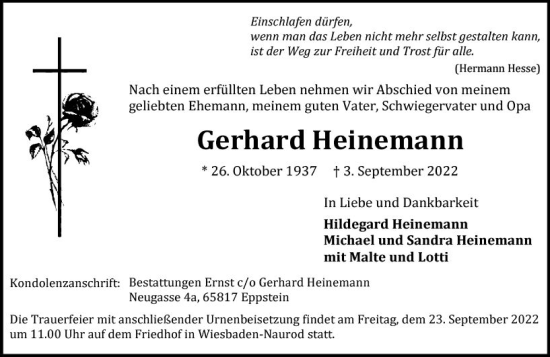 Traueranzeige von Gerhard Heinemann von vrm-trauer Wiesbadener Kurier