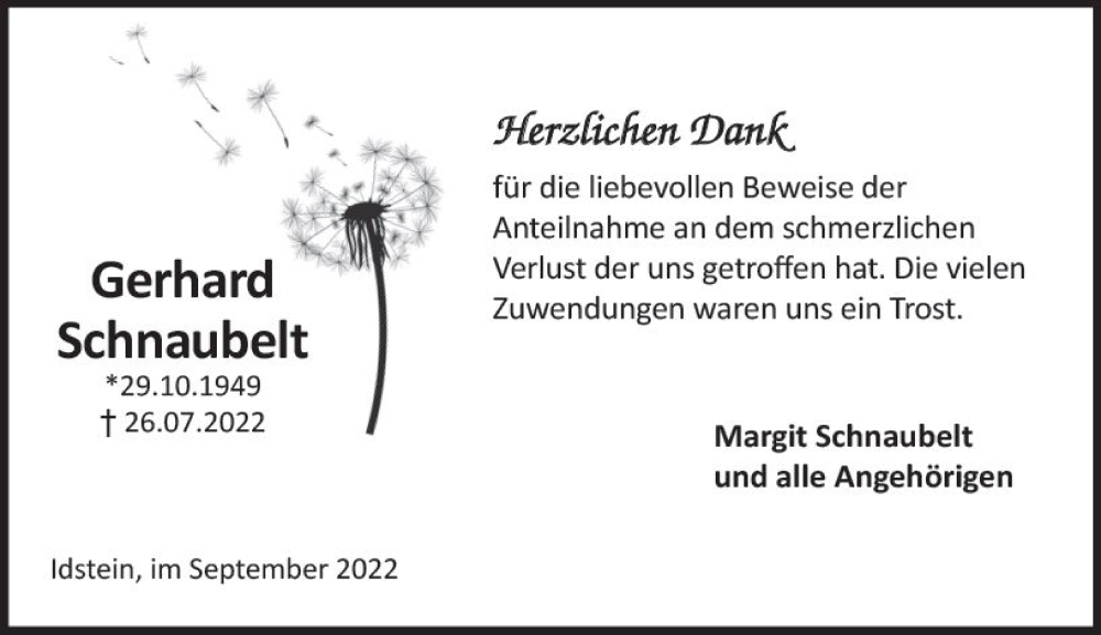  Traueranzeige für Gerhard Schnaubelt vom 03.09.2022 aus vrm-trauer Idsteiner Zeitung