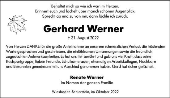 Traueranzeige von Gerhard Werner von vrm-trauer Wiesbadener Kurier