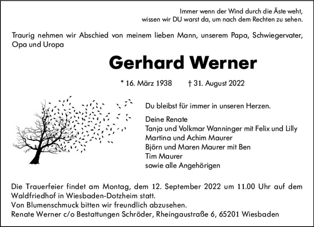  Traueranzeige für Gerhard Werner vom 07.09.2022 aus vrm-trauer Wiesbadener Kurier