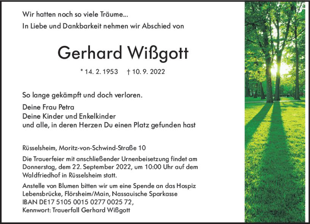  Traueranzeige für Gerhard Wißgott vom 17.09.2022 aus vrm-trauer Rüsselsheimer Echo / MainSpitze