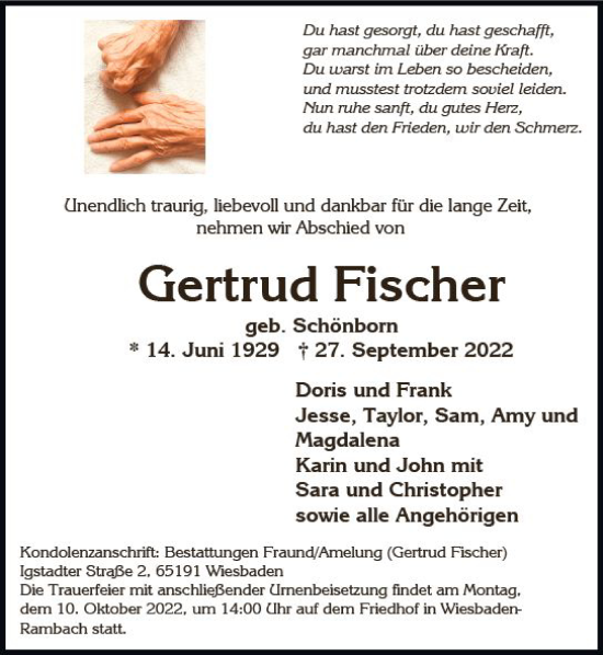 Traueranzeige von Gertrud Fischer von vrm-trauer Wiesbadener Kurier