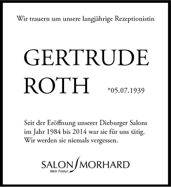 Traueranzeige von Gertrude Roth von vrm-trauer DieburgerAnzeiger/Groß-Zimmerner Lokala