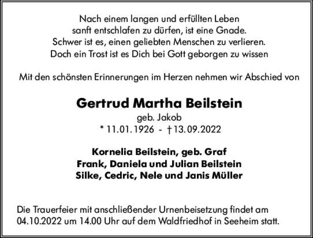  Traueranzeige für Gertrud Martha Beilstein vom 01.10.2022 aus vrm-trauer Darmstädter Echo