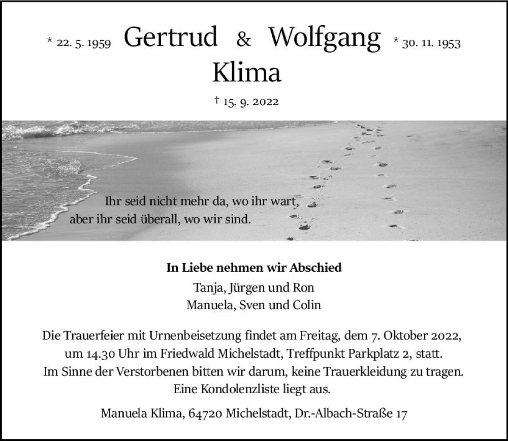  Traueranzeige für Getrud Klima vom 01.10.2022 aus vrm-trauer Odenwälder Echo