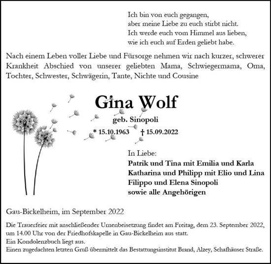Traueranzeige von Gina Wolf von vrm-trauer Allgemeine Zeitung Alzey